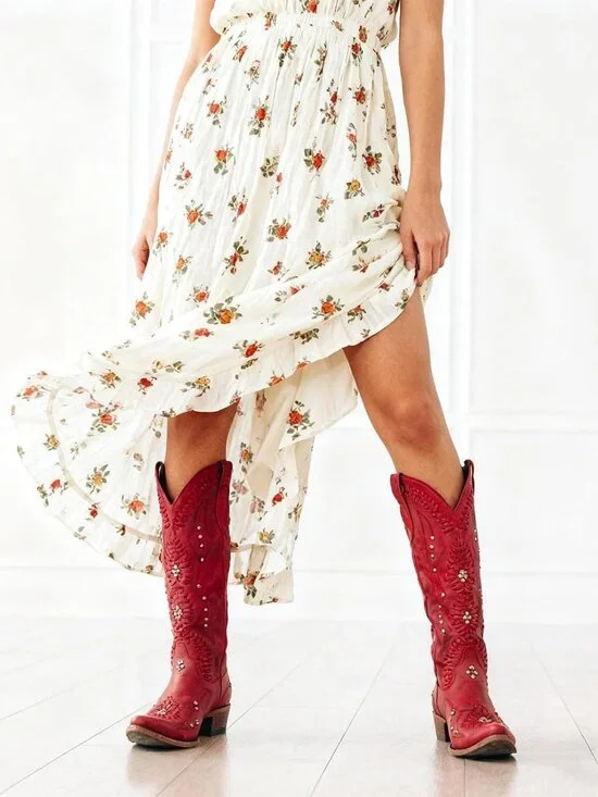 Women's Red Leather Pointed Toe Chunky Heel Pull on Zipper Cowboy Boot - Picture 2 of 6